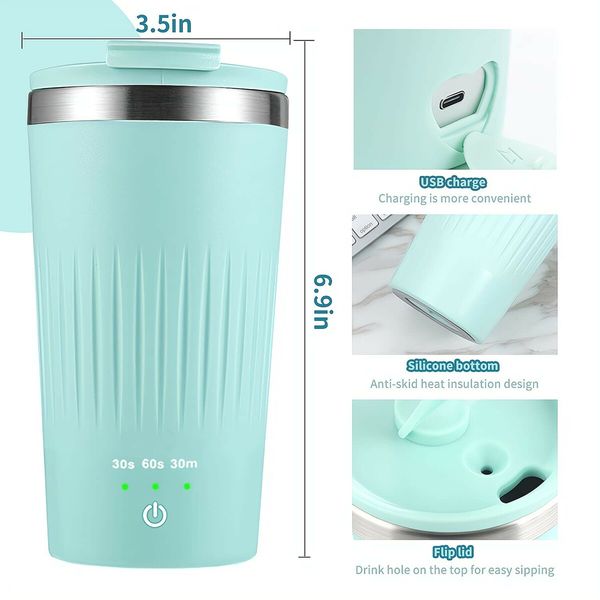 Auto Magnetic Coffee Cup with 3 Speed Mixing Function Stirring Mug with Wireless Mixing Strong Power for Coffee Mocha (Green)