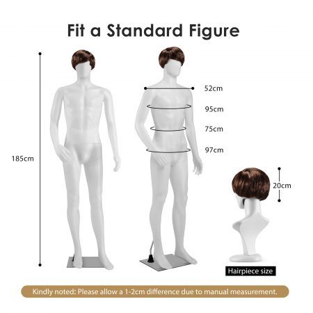 Male Mannequin 185CM Full Body With Wig Manikin Display Stand Dress Form Adjustable Detachable White