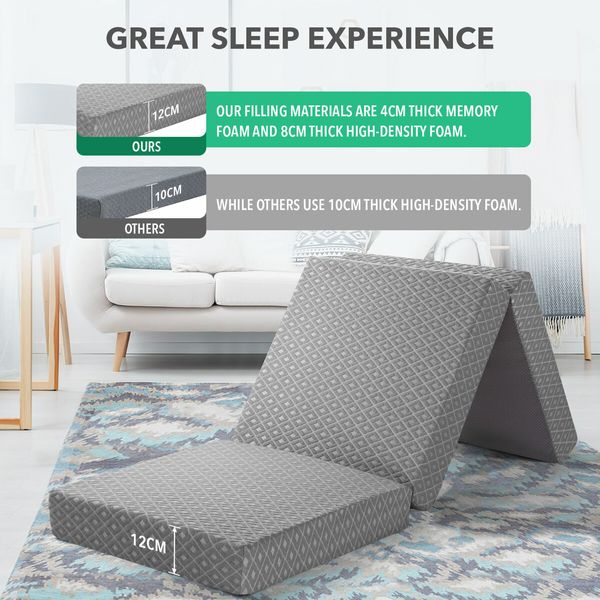 Single Foam Mattress Trifold Sofa Bed Foldable Sleeping Camping Floor Portable Mat Cushion with Removable Cover 