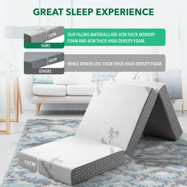 Single Foam Mattress Trifold Sofa Bed Folding Camping Floor Portable Sleeping Mat Cushion with Removable Bamboo Cover