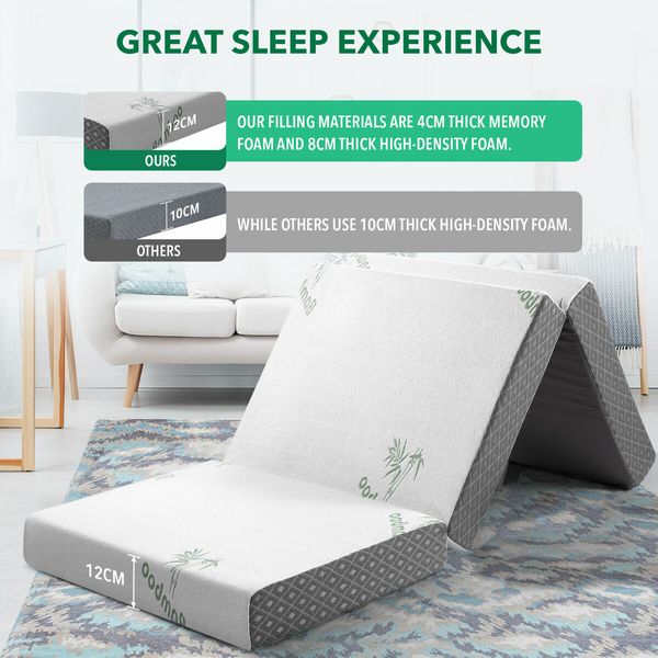 Folding Foam Mattress Trifold Sofa Bed Floor Camping Sleeping Portable Mat Cushion with Removable Bamboo Cover Cot Size