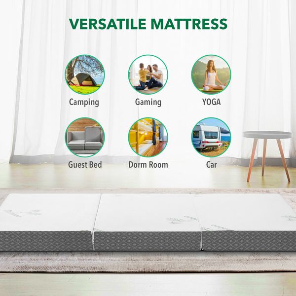 Folding Foam Mattress Trifold Sofa Bed Floor Camping Sleeping Portable Mat Cushion with Removable Bamboo Cover Cot Size