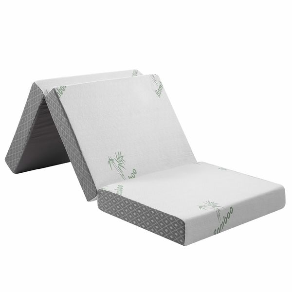 Folding Foam Mattress Trifold Sofa Bed Floor Camping Sleeping Portable Mat Cushion with Removable Bamboo Cover Cot Size