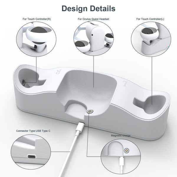 Charging Dock Support for Oculus Quest 2 with 2 Rechargeable USB-C Charge Cable 4 Magnetic Connector for VR Controllers Headset