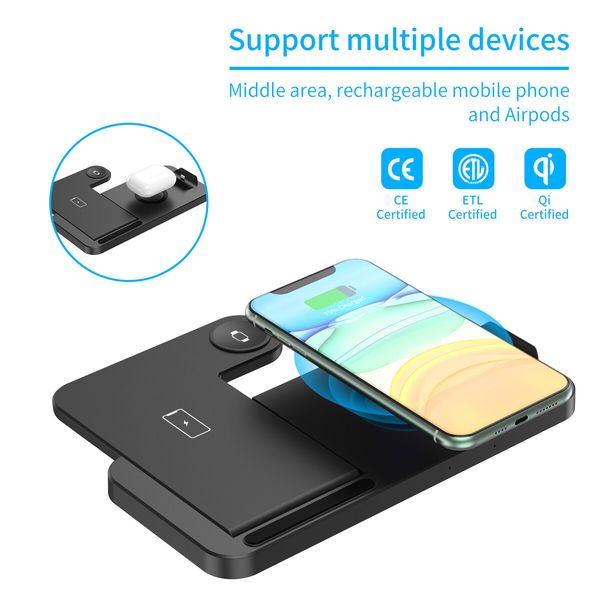 4-in-1 Wireless Charger Foldable Desktop Holder Compatible with Cell Phone/ AirPods/ Apple Watch Wireless Charging