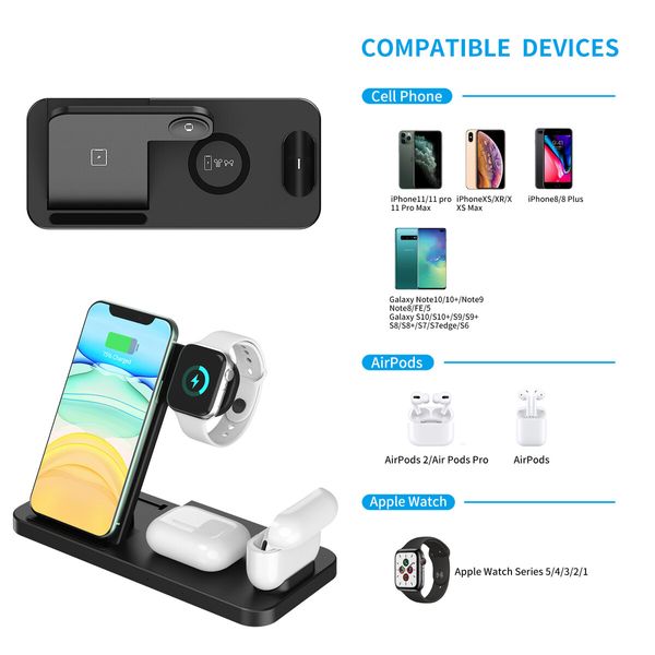 4-in-1 Wireless Charger Foldable Desktop Holder Compatible with Cell Phone/ AirPods/ Apple Watch Wireless Charging