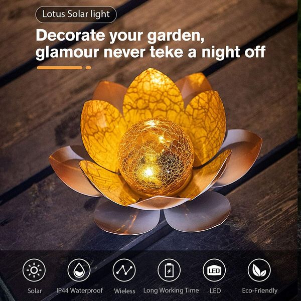 Solar Light Outdoor Metal Glass Decorative Waterproof Garden Light LED Lotus Flower Table Lamp (Orange)