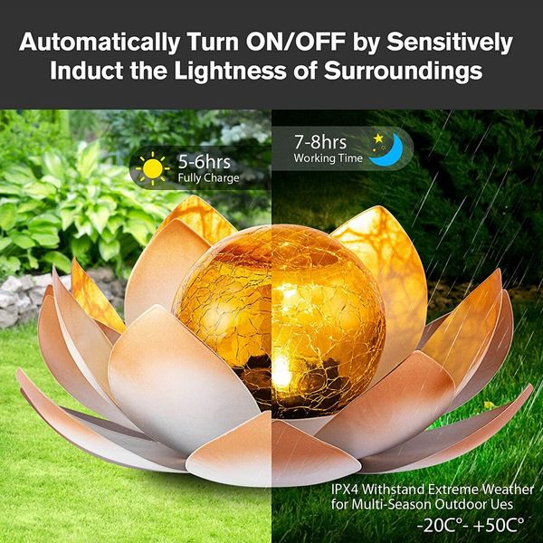 Solar Light Outdoor Metal Glass Decorative Waterproof Garden Light LED Lotus Flower Table Lamp (Orange)