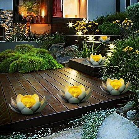 Solar Light Outdoor Metal Glass Decorative Waterproof Garden Light LED Lotus Flower Table Lamp (Grey)