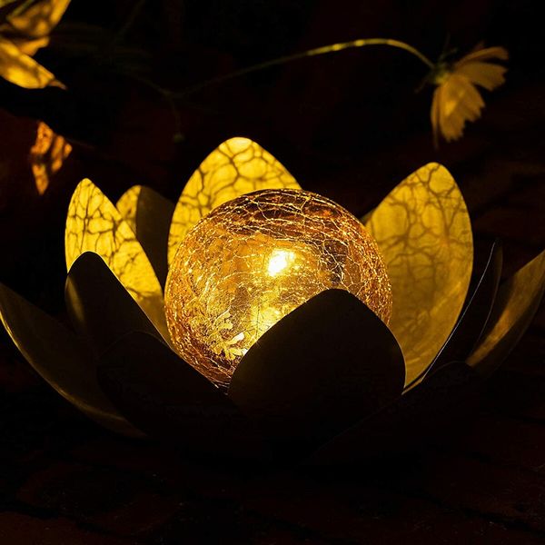 Solar Light Outdoor Metal Glass Decorative Waterproof Garden Light LED Lotus Flower Table Lamp (Grey)