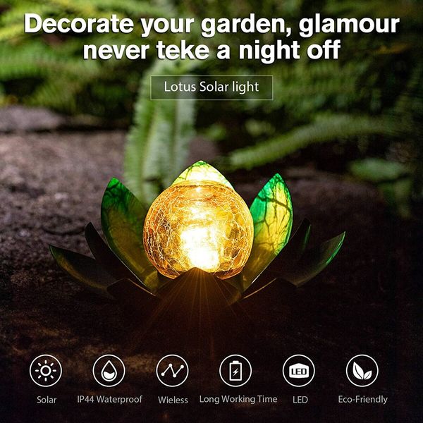 Solar Light Outdoor Metal Glass Decorative Waterproof Garden Light LED Lotus Flower Table Lamp (Silver Blue)