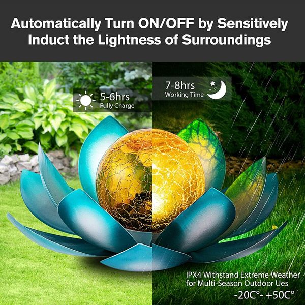 Solar Light Outdoor Metal Glass Decorative Waterproof Garden Light LED Lotus Flower Table Lamp (Silver Blue)