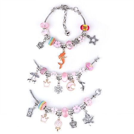 66 Pcs Charm Bracelet Jewelry Making Kit DIY Craft Rainbow Santa Elk Beaded for Arts Gril Gift for Teen Kids Ages 5+(Pink)