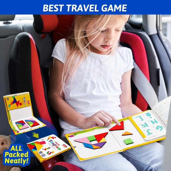 Travel Tangram Puzzle with Magnetic Plate Montessori Shape Pattern Blocks Road Trip Travel Games IQ Educational Toy for Kids Age 3+