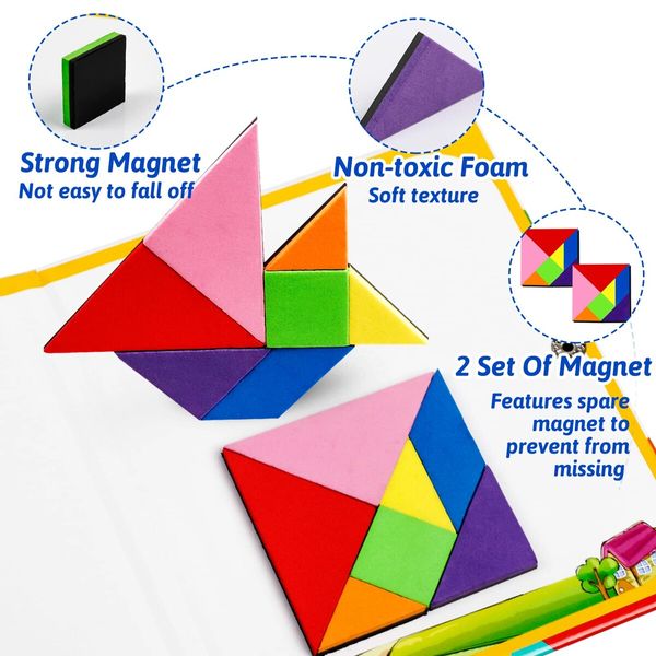 Travel Tangram Puzzle with Magnetic Plate Montessori Shape Pattern Blocks Road Trip Travel Games IQ Educational Toy for Kids Age 3+