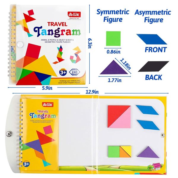 Travel Tangram Puzzle with Magnetic Plate Montessori Shape Pattern Blocks Road Trip Travel Games IQ Educational Toy for Kids Age 3+