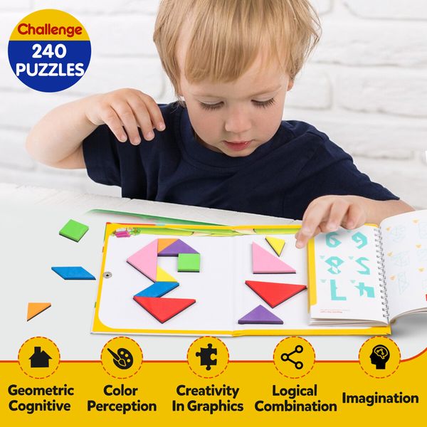 Travel Tangram Puzzle with Magnetic Plate Montessori Shape Pattern Blocks Road Trip Travel Games IQ Educational Toy for Kids Age 3+