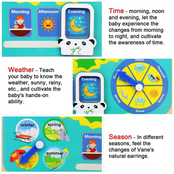 Montessori Wooden Toys Learning Clock Multifunctional Wooden Frog Teaching Clock Calendar Weather Season for Kids Age 3+