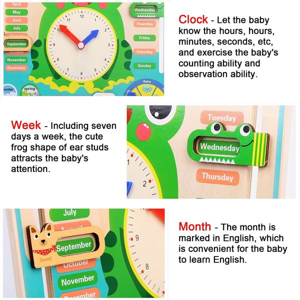 Montessori Wooden Toys Learning Clock Multifunctional Wooden Frog Teaching Clock Calendar Weather Season for Kids Age 3+