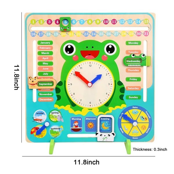 Montessori Wooden Toys Learning Clock Multifunctional Wooden Frog Teaching Clock Calendar Weather Season for Kids Age 3+