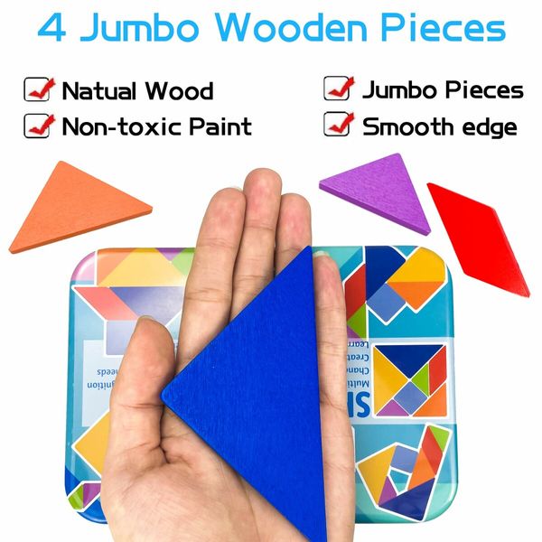 Tangram Pattern Puzzles Set Woodiness Blocks Colorful Tangram Sorting 60 Design Cards with 120 Pattern Jigsaw Puzzle Age 3+