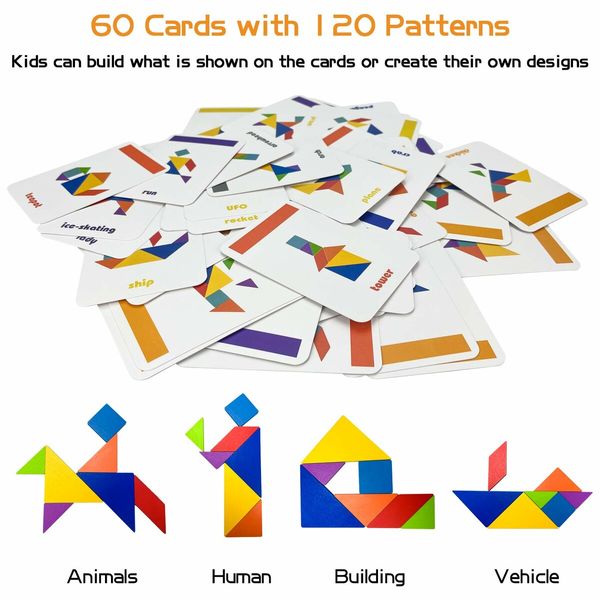 Tangram Pattern Puzzles Set Woodiness Blocks Colorful Tangram Sorting 60 Design Cards with 120 Pattern Jigsaw Puzzle Age 3+