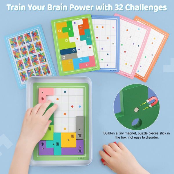 Puzzle Pattern Blocks Brain Teasers Game with 45 Challenges 3D Russian Building Toy Wood Tangram Jigsaw for Kids Age 3+