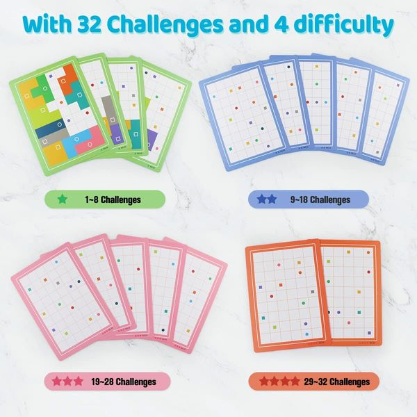 Puzzle Pattern Blocks Brain Teasers Game with 45 Challenges 3D Russian Building Toy Wood Tangram Jigsaw for Kids Age 3+