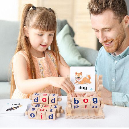 Montessori Wooden Reading Blocks Flash Cards Short Vowel Turning Rotating Matching Letters Toy for Toddlers 36m+