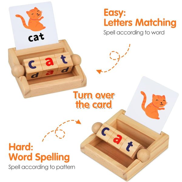 Montessori Wooden Reading Blocks Flash Cards Short Vowel Turning Rotating Matching Letters Toy for Toddlers 36m+