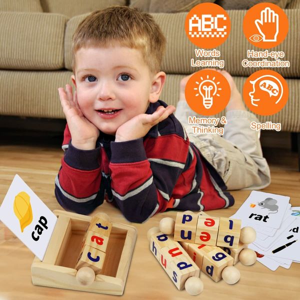 Montessori Wooden Reading Blocks Flash Cards Short Vowel Turning Rotating Matching Letters Toy for Toddlers 36m+