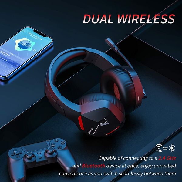 Wireless Gaming Headset with Microphone for PC PS4 PS5 Playstation 4 5, 2.4G Wireless Bluetooth USB Gamer Headphones with Mic for Laptop Computer