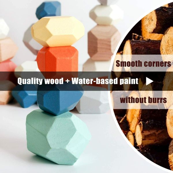 36 PCs Wooden Sorting Stacking Rocks Balancing Stones ,Educational Preschool Learning Montessori Toys, Building Blocks Game for Kids Age3+ Years Boy and Girl Birthday Gifts