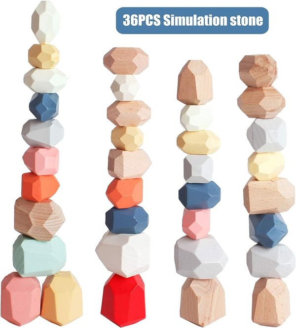 36 PCs Wooden Sorting Stacking Rocks Balancing Stones ,Educational Preschool Learning Montessori Toys, Building Blocks Game for Kids Age3+ Years Boy and Girl Birthday Gifts