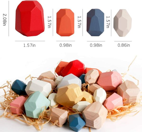 36 PCs Wooden Sorting Stacking Rocks Balancing Stones ,Educational Preschool Learning Montessori Toys, Building Blocks Game for Kids Age3+ Years Boy and Girl Birthday Gifts