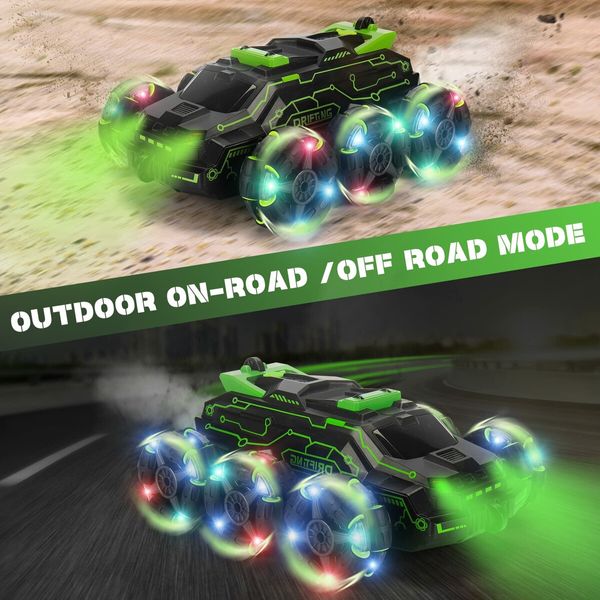 Remote Control Car 2.4 GHz Six-Wheel 4WD Gesture Sensor Stunt Car Arm Stunt Toy Car with Music Lights Spray Age 8+ (Green)