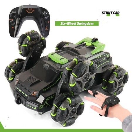 Remote Control Car 2.4 GHz Six-Wheel 4WD Gesture Sensor Stunt Car Arm Stunt Toy Car with Music Lights Spray Age 8+ (Green)