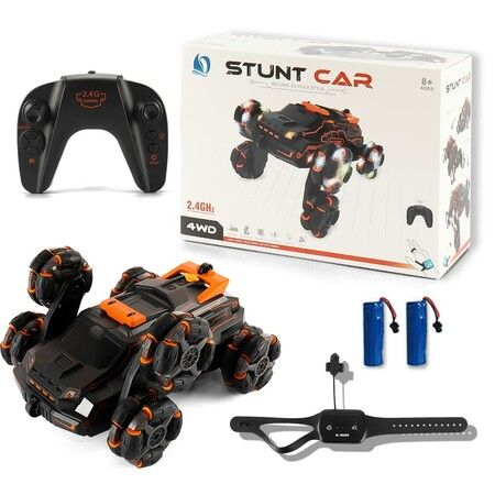 Remote Control Car 2.4 GHz Six-Wheel 4WD Gesture Sensor Stunt Car Arm Stunt Toy Car with Music Lights Spray Age 8+ (Orange)