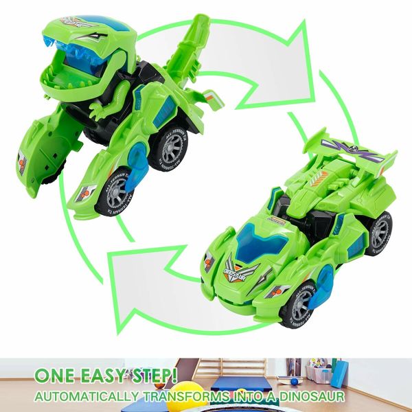 2 in 1 Transforming Dinosaur LED Car Automatic Eletric Toy Car Lamps for Kids Toddlers Ages 3+(Green)