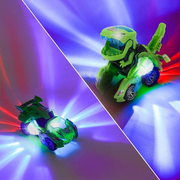 2 in 1 Transforming Dinosaur LED Car Automatic Eletric Toy Car Lamps for Kids Toddlers Ages 3+(Green)