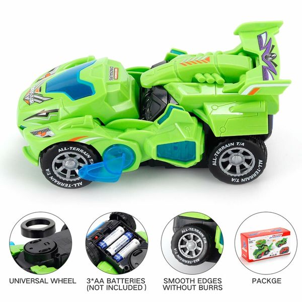 2 in 1 Transforming Dinosaur LED Car Automatic Eletric Toy Car Lamps for Kids Toddlers Ages 3+(Green)