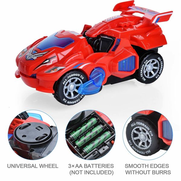 2 in 1 Transforming Dinosaur LED Car Automatic Eletric Toy Car Lamps for Kids Toddlers Ages 3+(Red)