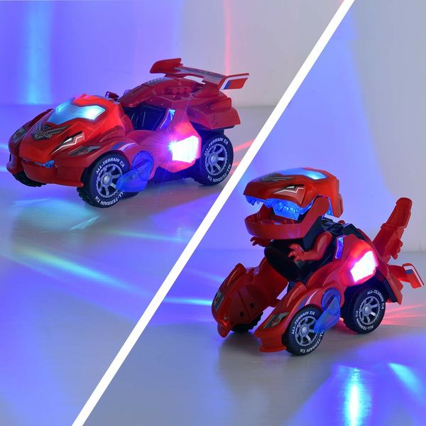 2 in 1 Transforming Dinosaur LED Car Automatic Eletric Toy Car Lamps for Kids Toddlers Ages 3+(Red)