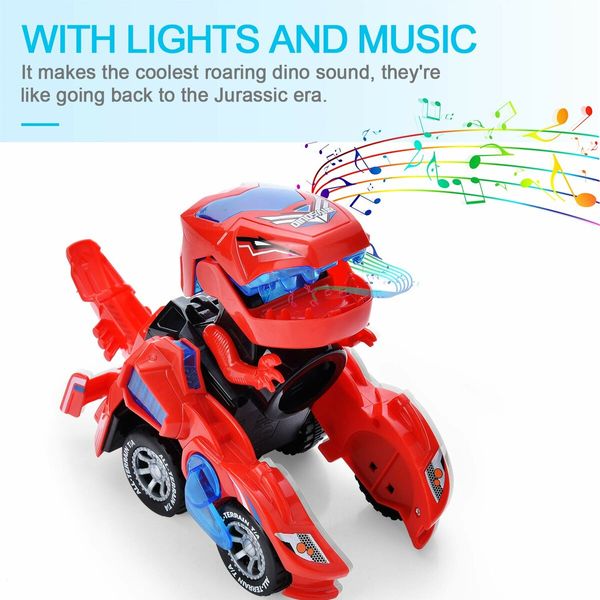 2 in 1 Transforming Dinosaur LED Car Automatic Eletric Toy Car Lamps for Kids Toddlers Ages 3+(Red)