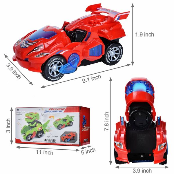 2 in 1 Transforming Dinosaur LED Car Automatic Eletric Toy Car Lamps for Kids Toddlers Ages 3+(Red)