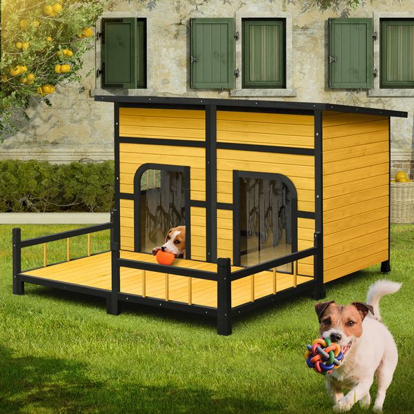 Wood Dog Kennel House XXL Pet Cat Home Shelter Crate Outdoor Puppy Cage Cabin Weatherproof Lift up Asphalt Roof Divider