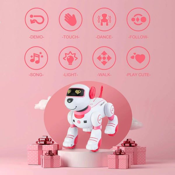 RC Robot Electronic Dog Pets Programmable Interactive Smart Dancing Walking Voice Control Gifts for Kids Age 3+(Pink)