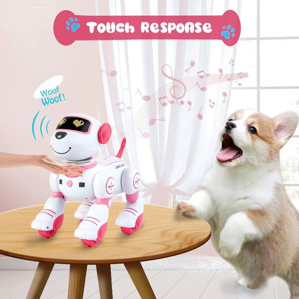 RC Robot Electronic Dog Pets Programmable Interactive Smart Dancing Walking Voice Control Gifts for Kids Age 3+(Pink)