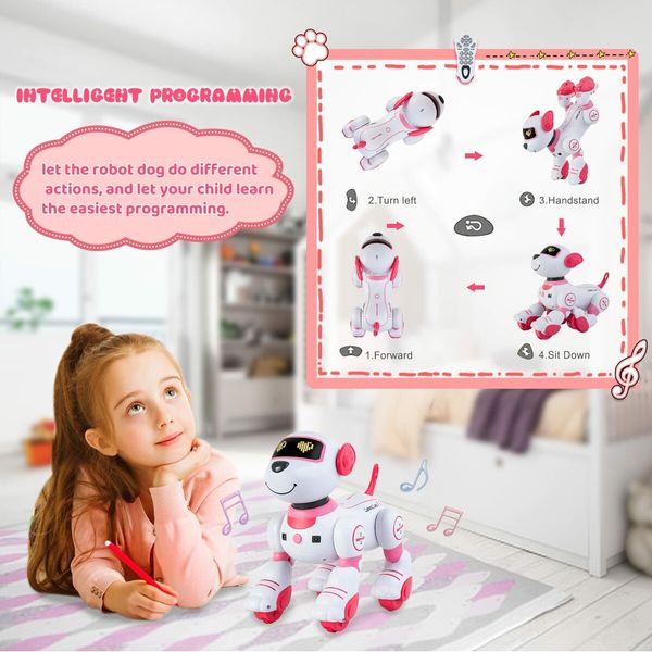 RC Robot Electronic Dog Pets Programmable Interactive Smart Dancing Walking Voice Control Gifts for Kids Age 3+(Pink)