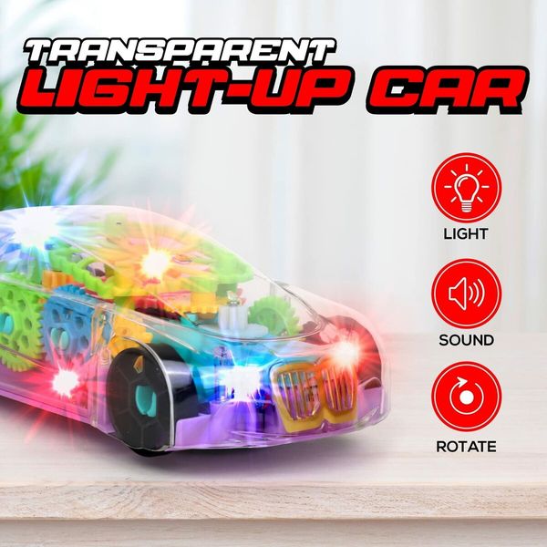 Light Up Transparent Toy Car Mechanical Race Car with Colorful Moving Gears LED Light Effects Plays Music Toy for Kids Age 3+(Green)